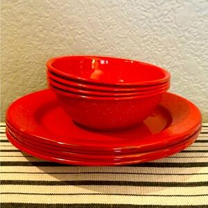 Red Enamelware Plate & Bowl Camping Set